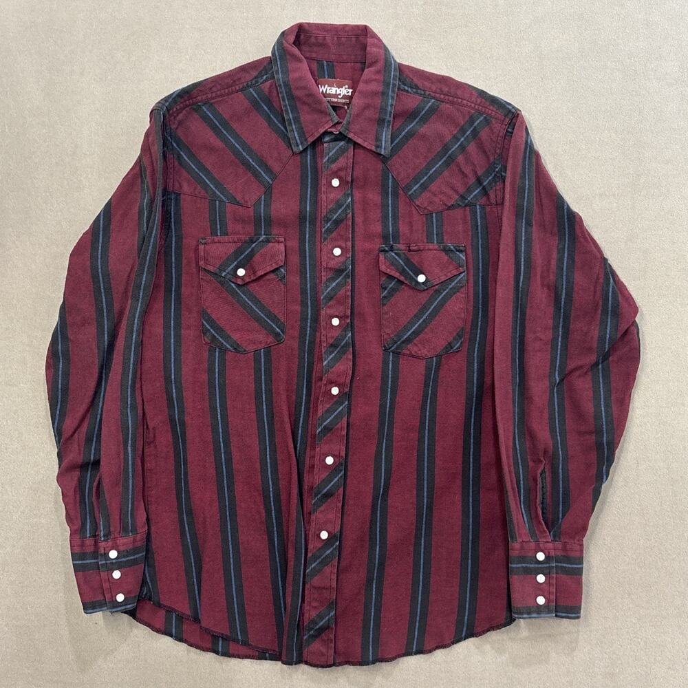Wrangler Western Shirt Men Large Pearl Snap Long Sleeve Red Black Stripe